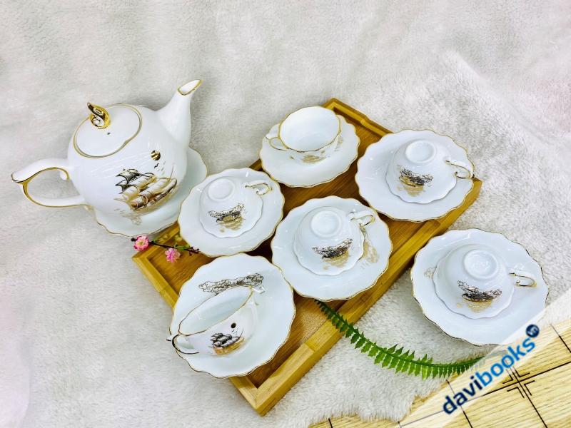 (ad10690) Bộ Ấm Tách Trà Mẫu Đơn Vẽ Thuyền