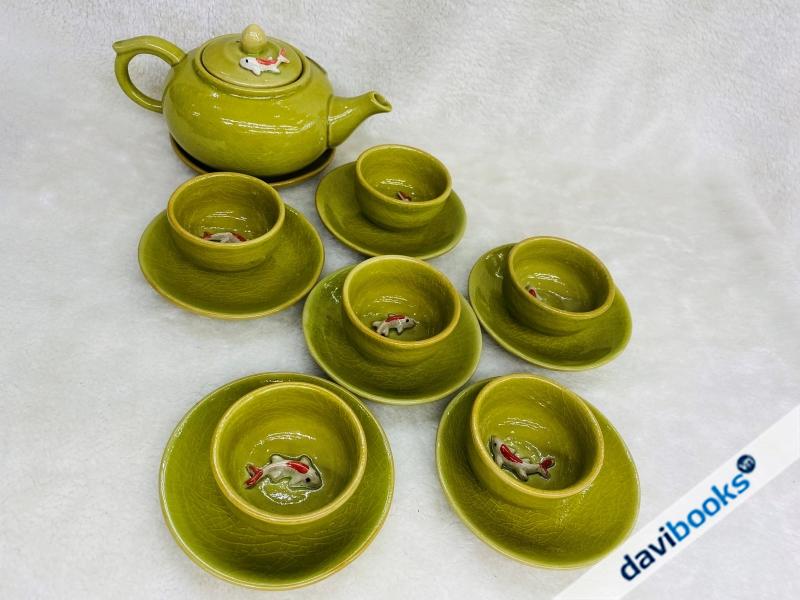(ad10719) Bộ Bình Trà Cá 3D 2 Màu Xanh Lá