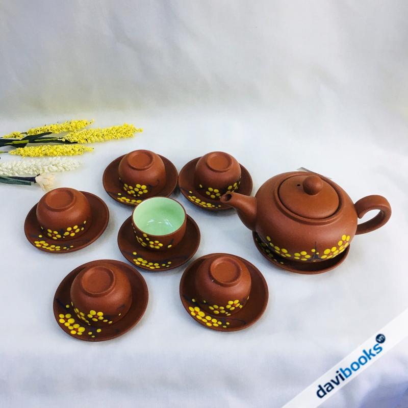 (ad3390) Bộ Ấm Tách Đất Khắc Hoa Mai