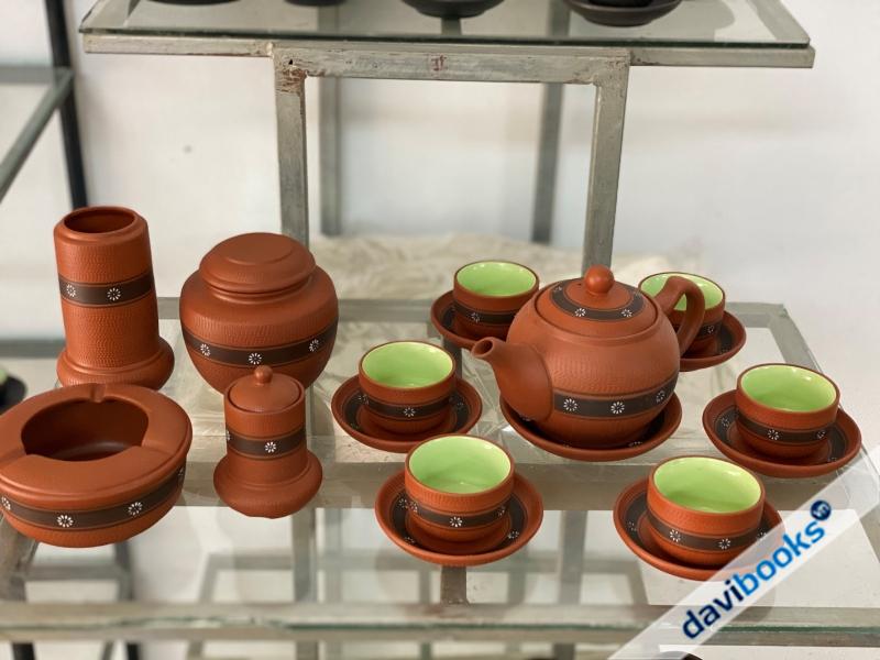 (ad10701) Bộ Bình Trà Kèm Phụ Kiện Khắc Hoa Ban