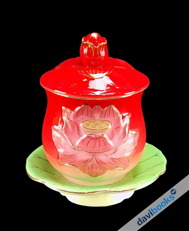 (ad5494) Chung Nước Cúng Phật Dạng Bi Bông Sen Nổi Đỏ